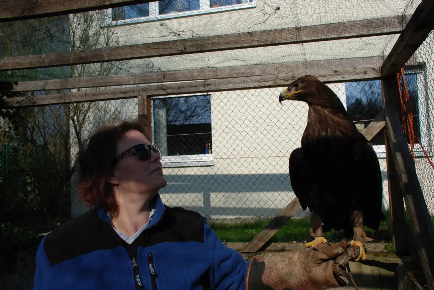 Lisa Skydla mit einem Adler auf ihrem Arm